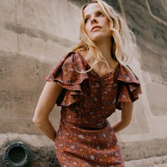 NWT Doen Beatriz Silk Ruffle Short Sleeve Maxi Dress Rouge Adaline Medallian - Picture 5 of 11